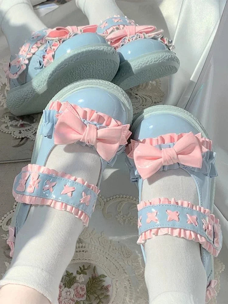 Lolita Kawaii Mary Janes Shoes Women Slip-on Japanese Sweet Flat Shoes Ladies Butterfly-knot Cute Fashion Round Toe Shoes Summer