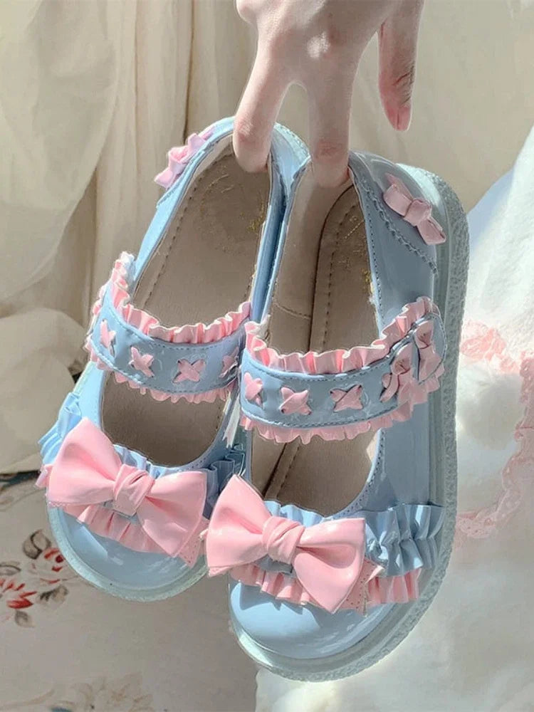 Lolita Kawaii Mary Janes Shoes Women Slip-on Japanese Sweet Flat Shoes Ladies Butterfly-knot Cute Fashion Round Toe Shoes Summer