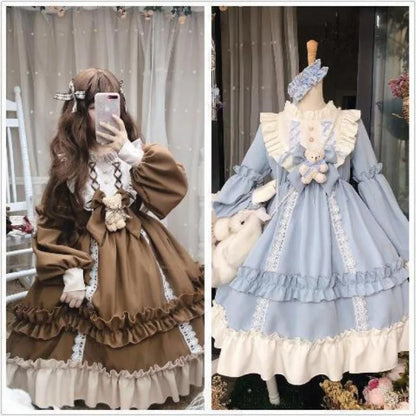 Long Sleeve Bear Bow Detail Lolita Long Sleeve Dress Lolita Dress Full Set New Loose Lolita Dress OP Long Sleeve Women