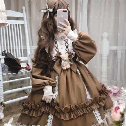 Long Sleeve Bear Bow Detail Lolita Long Sleeve Dress Lolita Dress Full Set New Loose Lolita Dress OP Long Sleeve Women