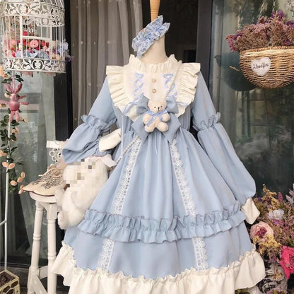 Long Sleeve Bear Bow Detail Lolita Long Sleeve Dress Lolita Dress Full Set New Loose Lolita Dress OP Long Sleeve Women