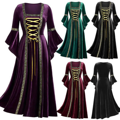 Long Sleeves and Tied Belt Perfect for Cos Gothic Punk Style Women's Golden Velvet Dress