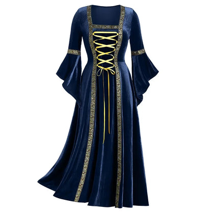 Long Sleeves and Tied Belt Perfect for Cos Gothic Punk Style Women's Golden Velvet Dress