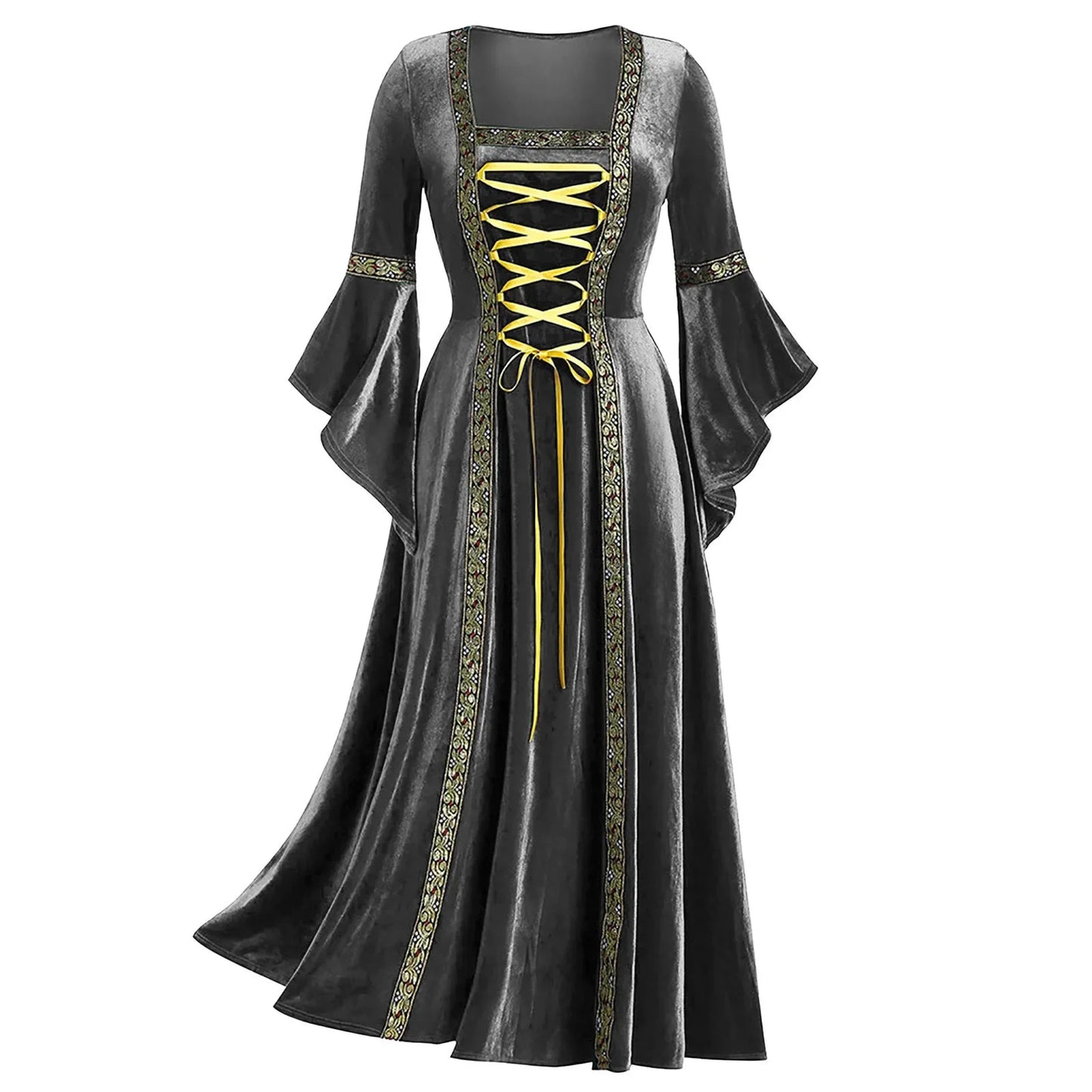 Long Sleeves and Tied Belt Perfect for Cos Gothic Punk Style Women's Golden Velvet Dress