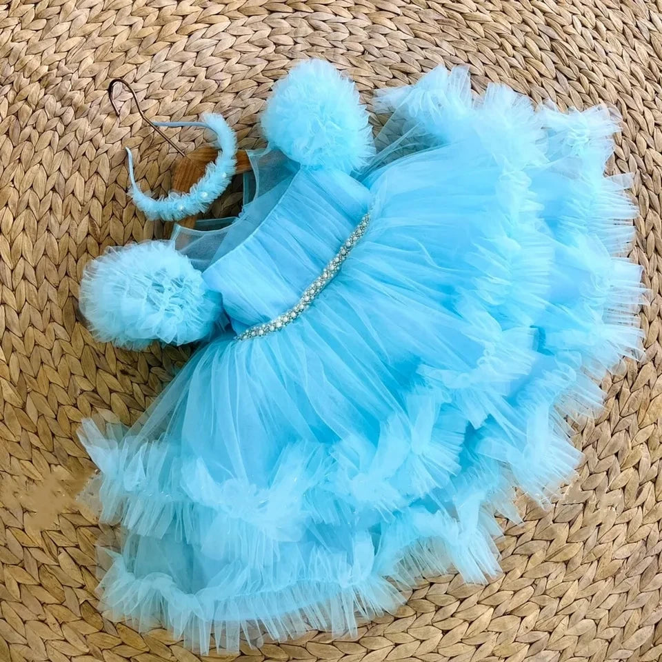 Luxury Child Girl Wedding Dress Bow Blue Party Dresses Sequined Tiered Tulle Sleeves Puffy Flower Girl Dresses for Weddings