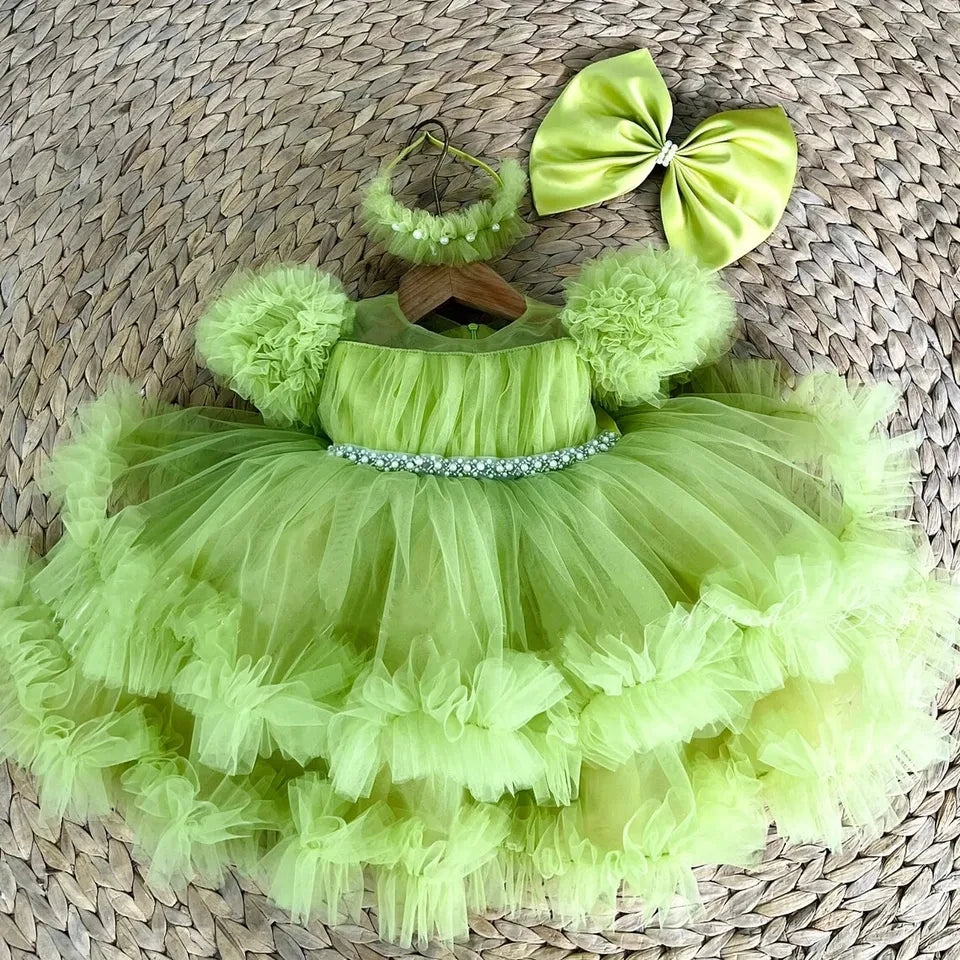 Luxury Child Girl Wedding Dress Bow Blue Party Dresses Sequined Tiered Tulle Sleeves Puffy Flower Girl Dresses for Weddings