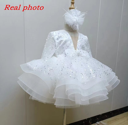 Luxury Child Girl Wedding Dress Bow Green Party Dresses Sequined Tiered Tulle Sleeves Puffy Flower Girl Dresses for Weddings