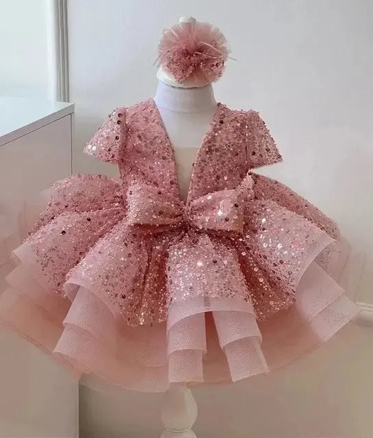 Luxury Child Girl Wedding Dress Bow Green Party Dresses Sequined Tiered Tulle Sleeves Puffy Flower Girl Dresses For Weddings