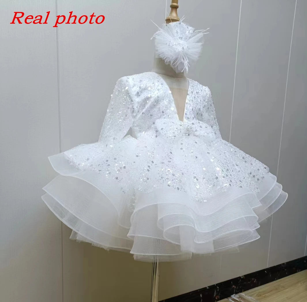 Luxury Child Girl Wedding Dress Bow Green Party Dresses Sequined Tiered Tulle Sleeves Puffy Flower Girl Dresses For Weddings