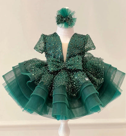 Luxury Child Girl Wedding Dress Bow Green Party Dresses Sequined Tiered Tulle Sleeves Puffy Flower Girl Dresses for Weddings