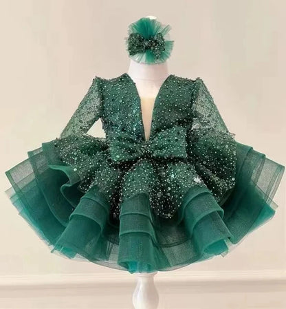 Luxury Child Girl Wedding Dress Bow Green Party Dresses Sequined Tiered Tulle Sleeves Puffy Flower Girl Dresses for Weddings