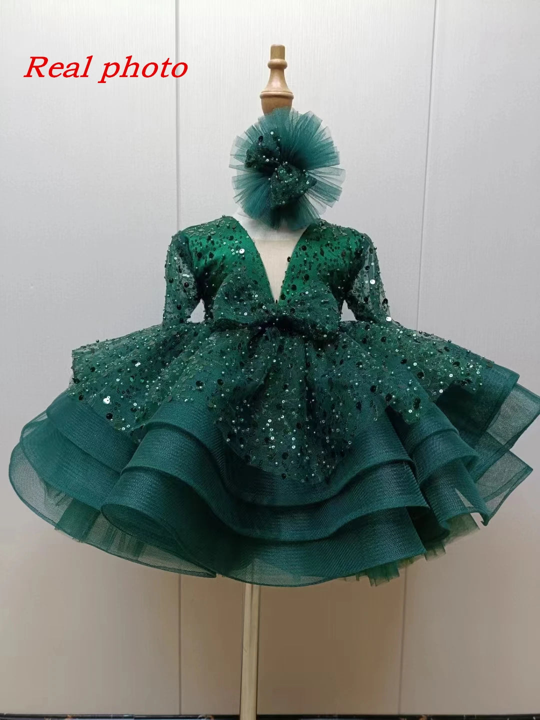 Luxury Child Girl Wedding Dress Bow Green Party Dresses Sequined Tiered Tulle Sleeves Puffy Flower Girl Dresses For Weddings