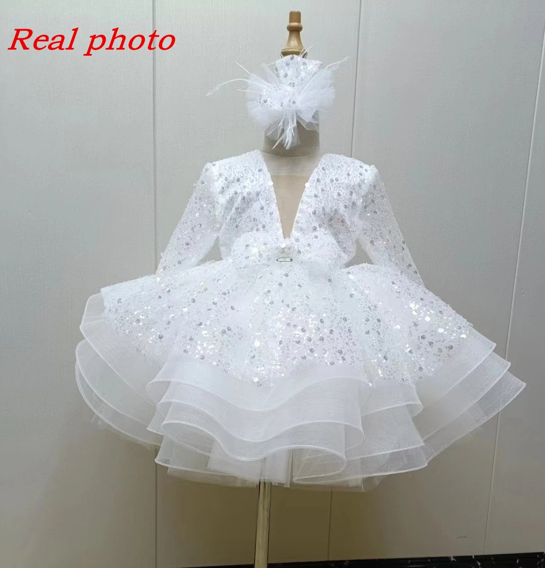 Luxury Child Girl Wedding Dress Bow Green Party Dresses Sequined Tiered Tulle Sleeves Puffy Flower Girl Dresses for Weddings