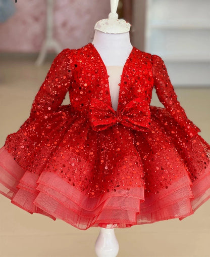 Luxury Child Girl Wedding Dress Bow Green Party Dresses Sequined Tiered Tulle Sleeves Puffy Flower Girl Dresses for Weddings