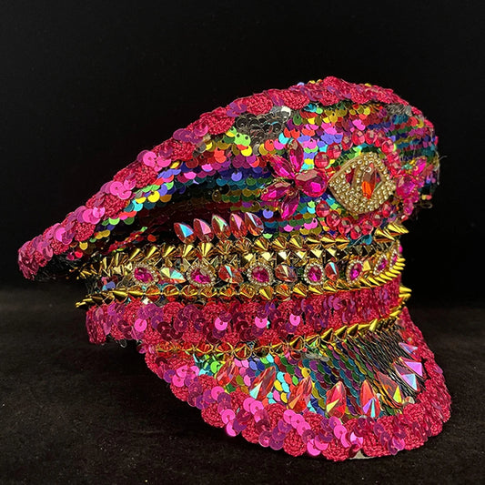 Luxury Women Military Hat Sequin Burning Yacht Week Captain Sergeant Hat Rhinestone Rave Festival Bachelorette Part Hat