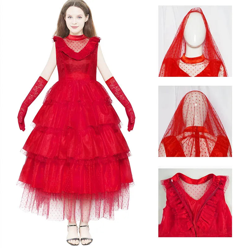 Lydia Deetz Costume with Gloves Scarf Lydia Women Wedding Dress Gothic Red Gown Halloween Outfits with Veil Beetle Bride Cosplay