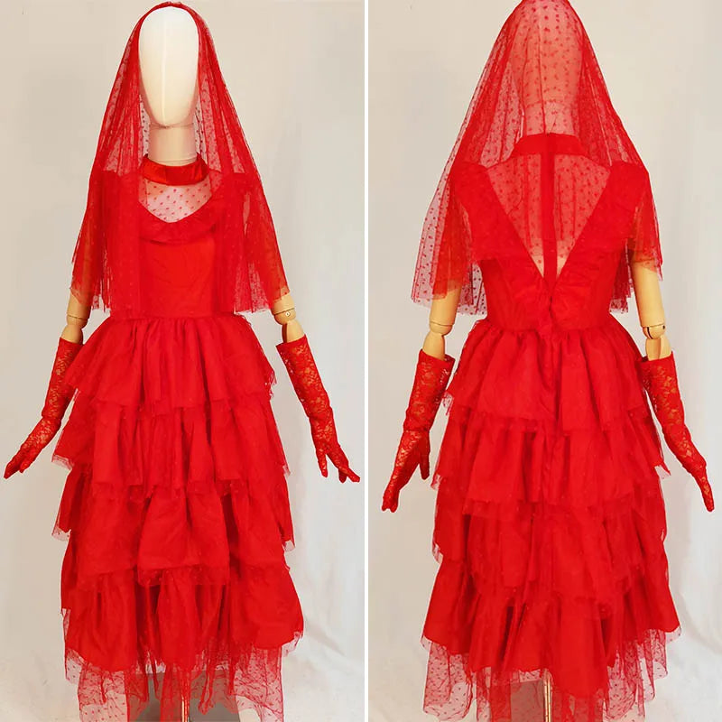 Lydia Deetz Costume with Gloves Scarf Lydia Women Wedding Dress Gothic Red Gown Halloween Outfits with Veil Beetle Bride Cosplay