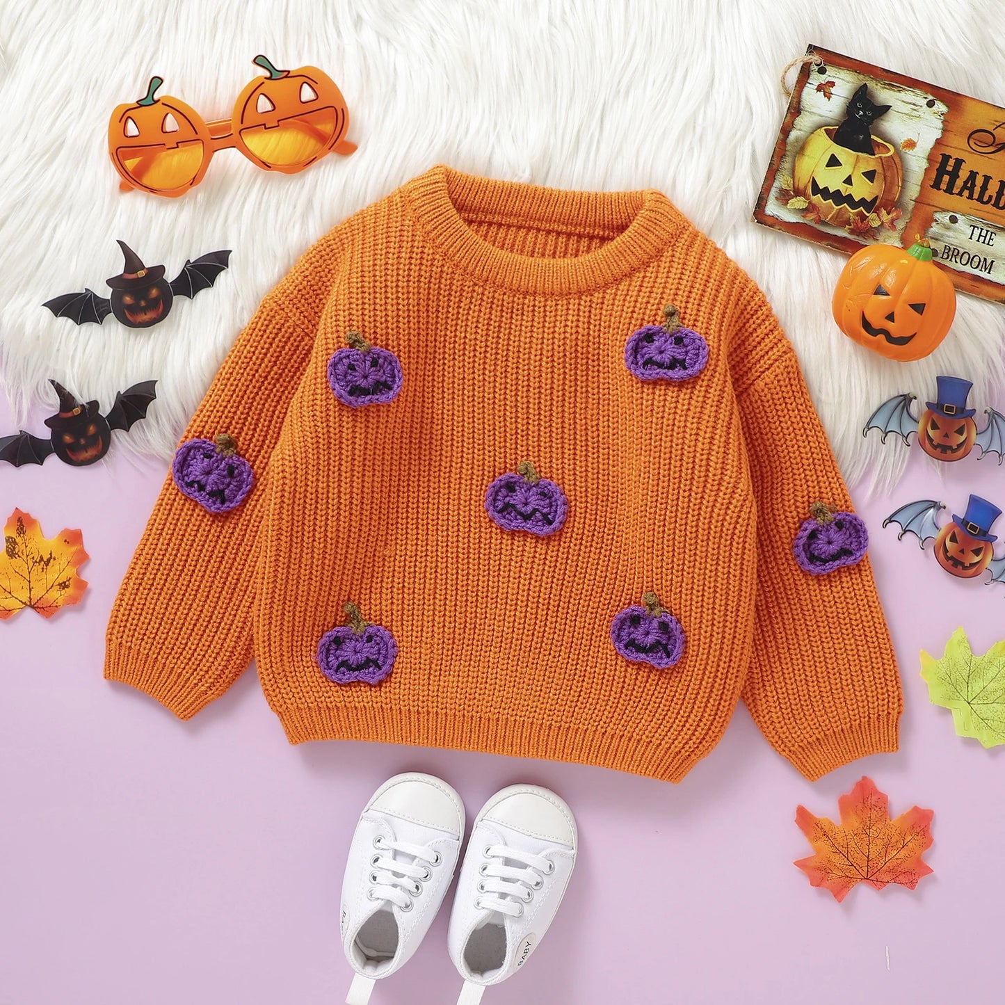 Newborn Baby Girls Boys Winter Sweater Halloween Long Sleeve Crew Neck Pumpkin Warm Pullover Tops Kids Jumper Clothes