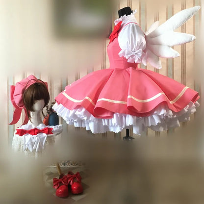 MMGG New Card Captor Cosplay Sakura Cosplay Costume Shirt Bow Gloves Hat KINOMOTO Sakura Cosplay Dress Custom Made