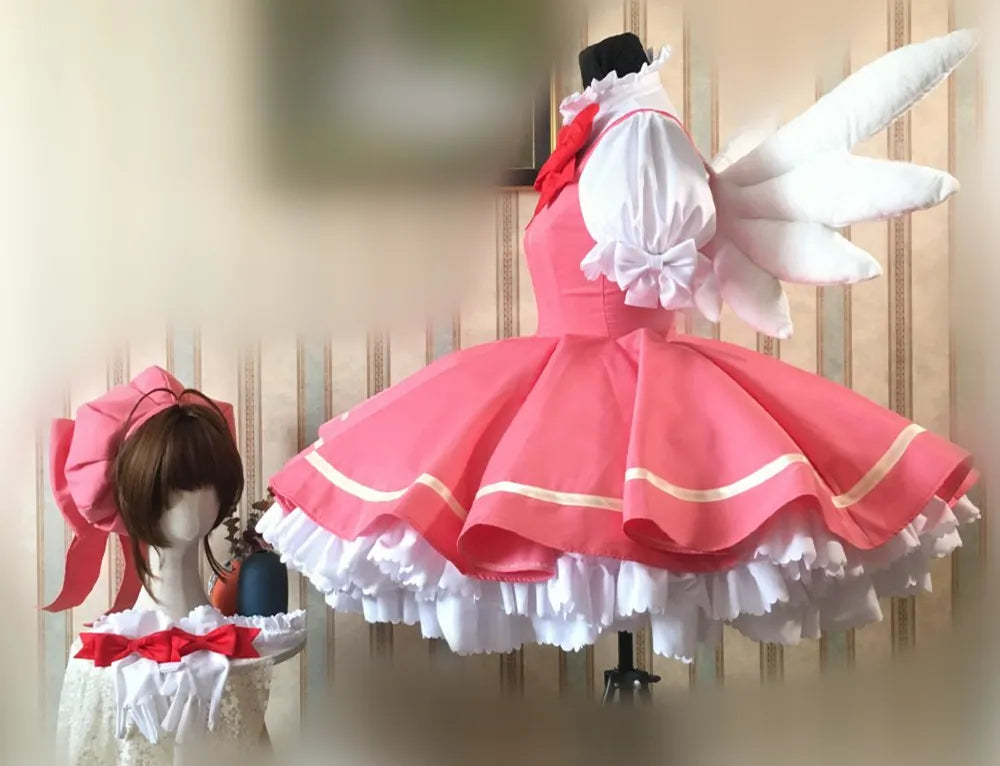 MMGG New Card Captor Cosplay Sakura Cosplay Costume Shirt Bow Gloves Hat KINOMOTO Sakura Cosplay Dress Custom Made