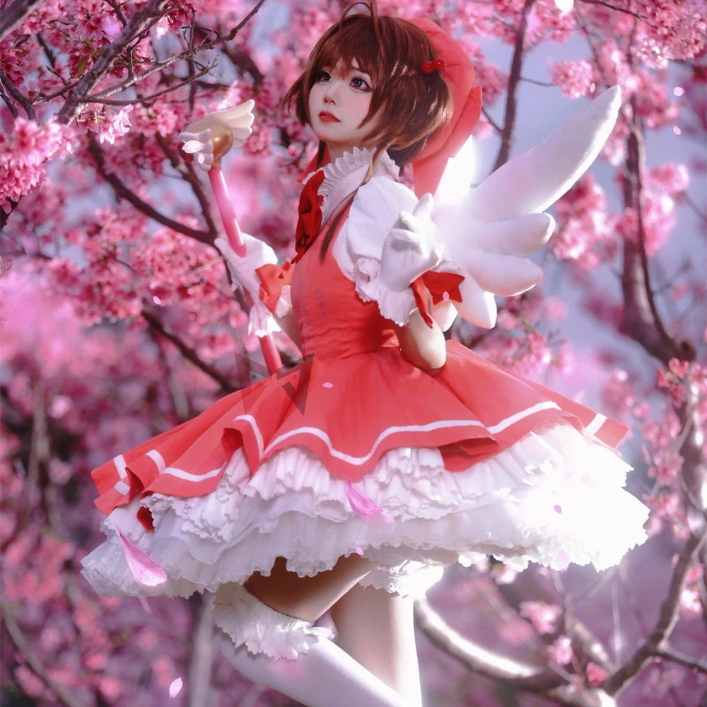 MMGG New Card Captor Cosplay Sakura Cosplay Costume Shirt Bow Gloves Hat KINOMOTO Sakura Cosplay Dress Custom Made