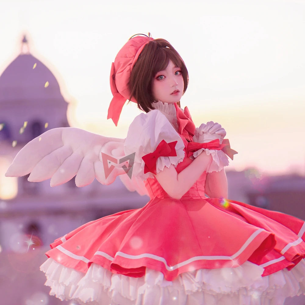 MMGG New Card Captor Cosplay Sakura Cosplay Costume Shirt Bow Gloves Hat KINOMOTO Sakura Cosplay Dress Custom Made