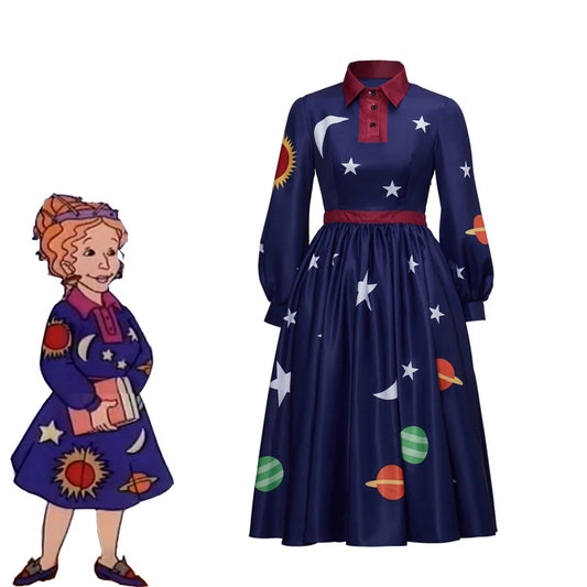 Magic School Bus Ms.Frizzle Cosplay Costumes Dark Blue Planet Printed Long Sleeves Dress Halloween Elegant Women's Outfits