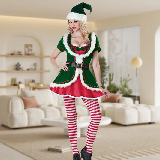 Male Female Christmas 5 Pieces Set Festival Style Men Women Elf Deluxe Santa Costume Elastic Waist with Belt Hat Vacation Wear