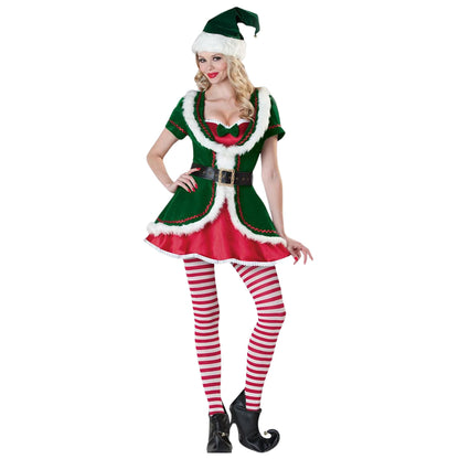 Male Female Christmas 5 Pieces Set Festival Style Men Women Elf Deluxe Santa Costume Elastic Waist with Belt Hat Vacation Wear