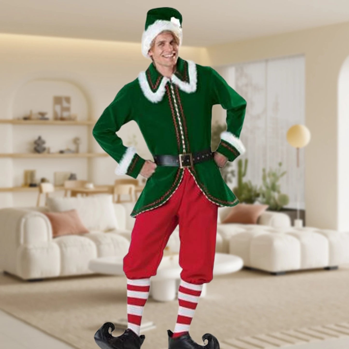 Male Female Christmas 5 Pieces Set Festival Style Men Women Elf Deluxe Santa Costume Elastic Waist with Belt Hat Vacation Wear