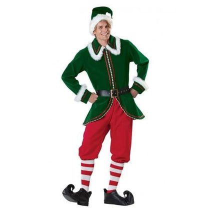 Male Female Christmas 5 Pieces Set Festival Style Men Women Elf Deluxe Santa Costume Elastic Waist with Belt Hat Vacation Wear