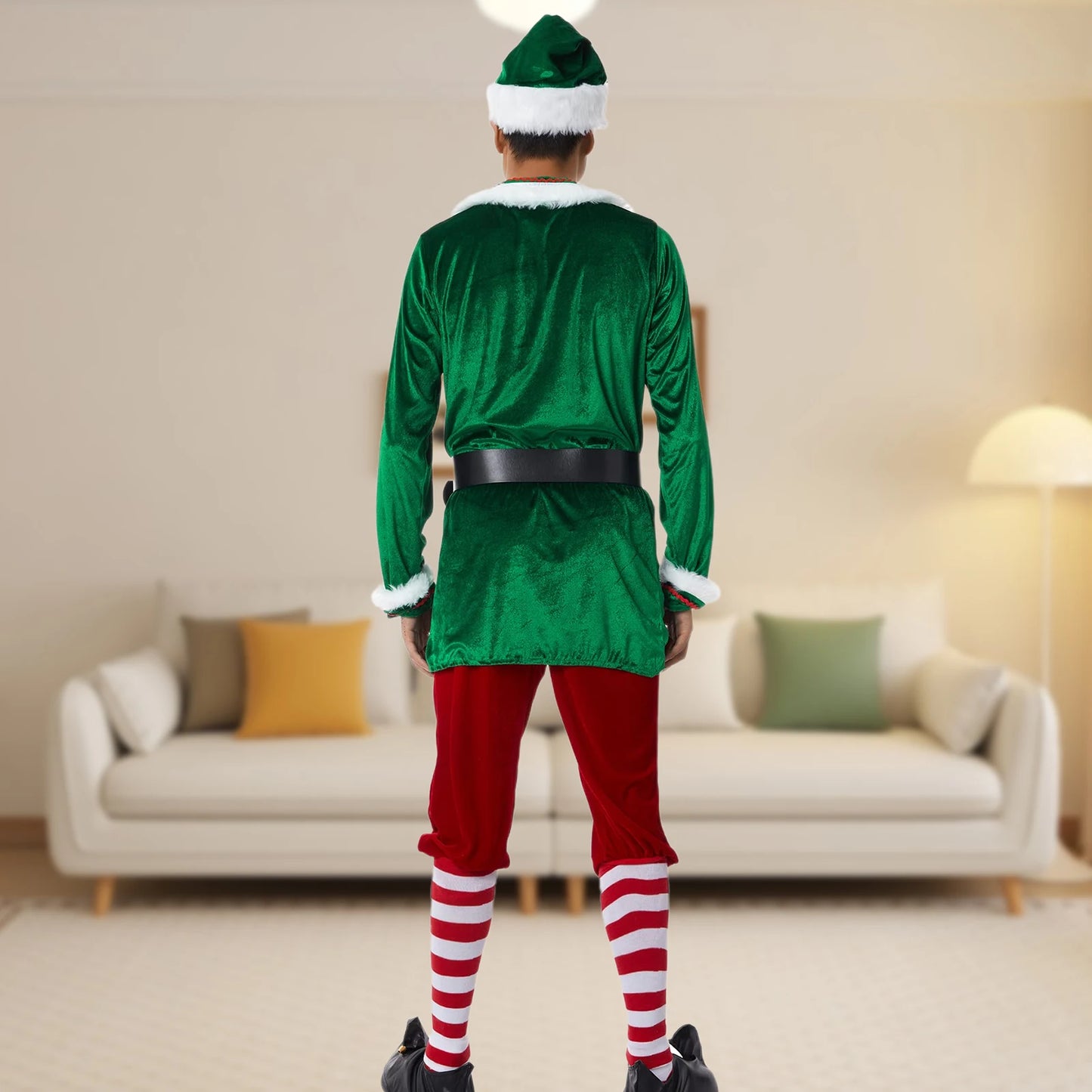 Male Female Christmas 5 Pieces Set Festival Style Men Women Elf Deluxe Santa Costume Elastic Waist with Belt Hat Vacation Wear