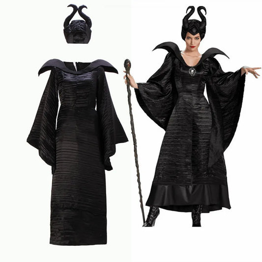 Maleficent Halloween Costume Dress for Adult Witch Clothes with Maleficent Horns Hat Outfit Women Evil Dress Demon Queen