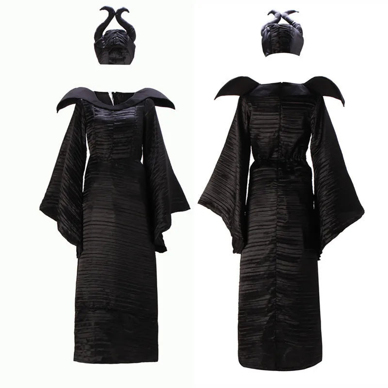 Maleficent Halloween Costume Dress for Adult Witch Clothes with Maleficent Horns Hat Outfit Women Evil Dress Demon Queen