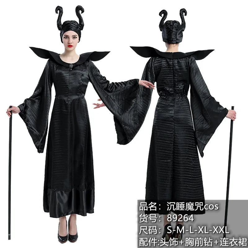 Maleficent Halloween Costume Dress for Adult Witch Clothes with Maleficent Horns Hat Outfit Women Evil Dress Demon Queen