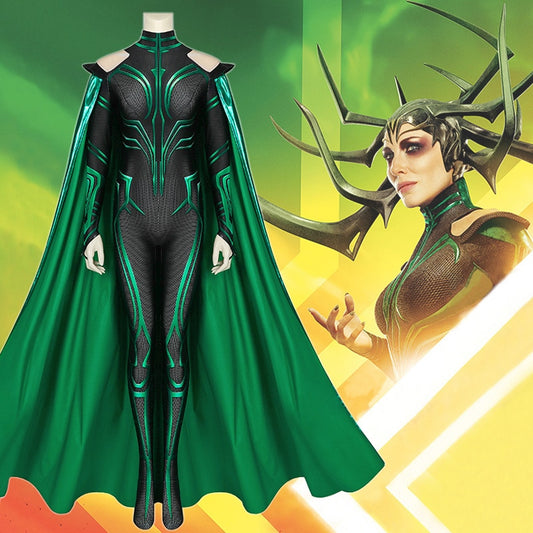 Thor 3 Ragnarok Supervillain Hela Cosplay Costume Jumpsuit Bodysuit Cloak Halloween Cosplay Costumes for Aldult Women