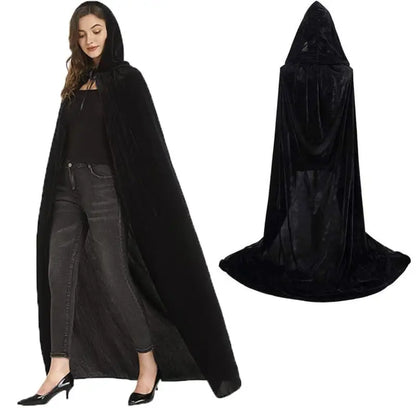 Medieval Black Hooded Cloak Adult Child Universal Gothic Velvet Cloak Jacket Halloween Stage Vampire Witch Wicca Cosplay Costume