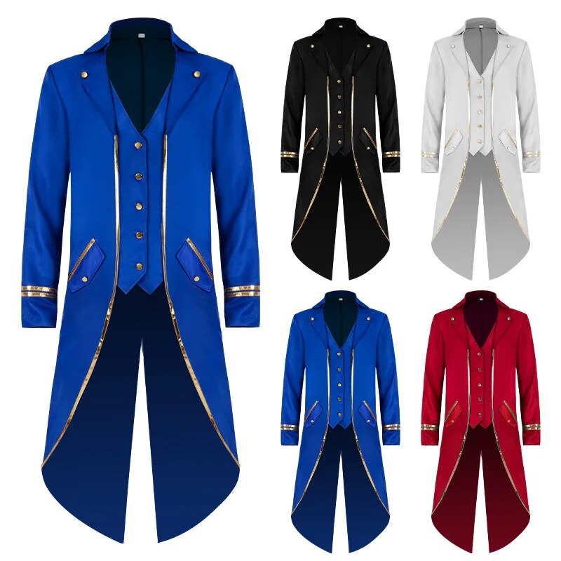 Medieval Cosplay Costumes Halloween Tuxedo Retro Mid-Length Punk Gold Trimmed Coat Men Clothing Large Size