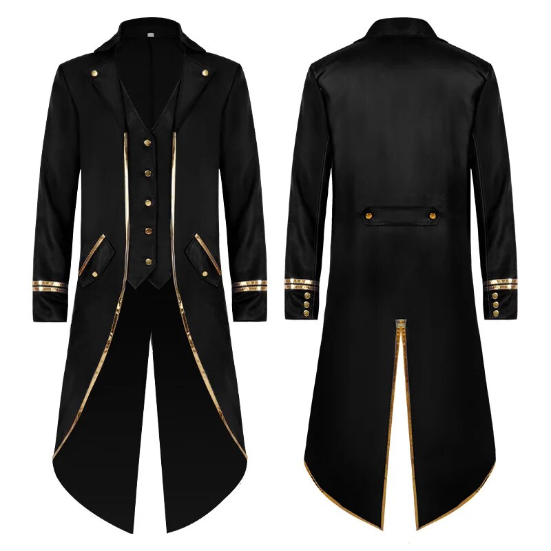 Medieval Cosplay Costumes Halloween Tuxedo Retro Mid-Length Punk Gold Trimmed Coat Men Clothing Large Size