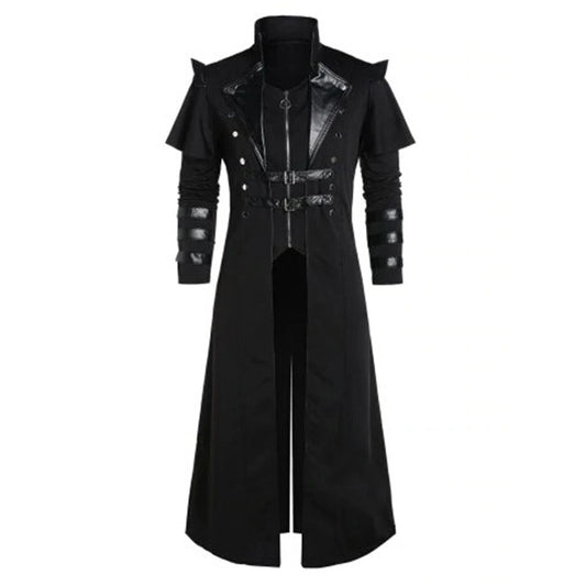 Medieval Men Coat Long Jacket Gothic Steampunk Hooded Trench Cosplay Costume