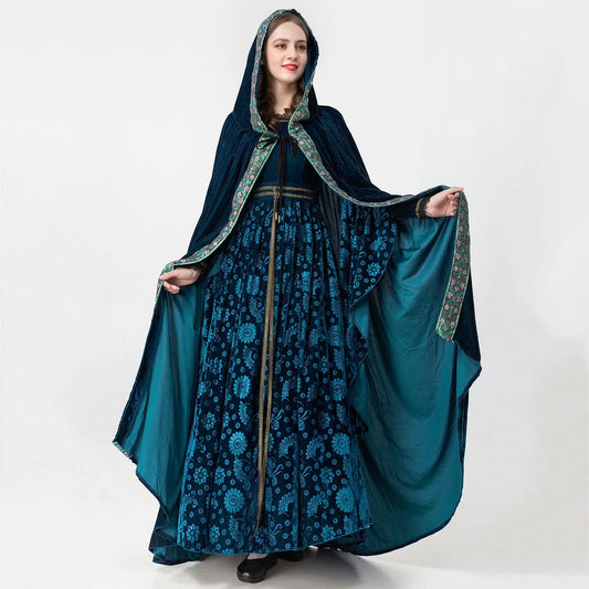 Medieval Velvet Dress Women Long Sleeve Lace O Neck Retro Dress With Hooded Cloak 2 Piece Set Vintage Halloween Cosplay Costume