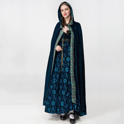 Medieval Velvet Dress Women Long Sleeve Lace O Neck Retro Dress With Hooded Cloak 2 Piece Set Vintage Halloween Cosplay Costume