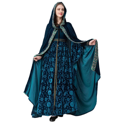 Medieval Velvet Dress Women Long Sleeve Lace O Neck Retro Dress With Hooded Cloak 2 Piece Set Vintage Halloween Cosplay Costume