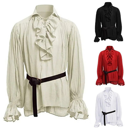 Medieval Viking Halloween Costumes Autumn Casual Shirts Steampunk Cosplay Bandage Long Sleeve Ruffled Shirt Gothic Blouse Tops