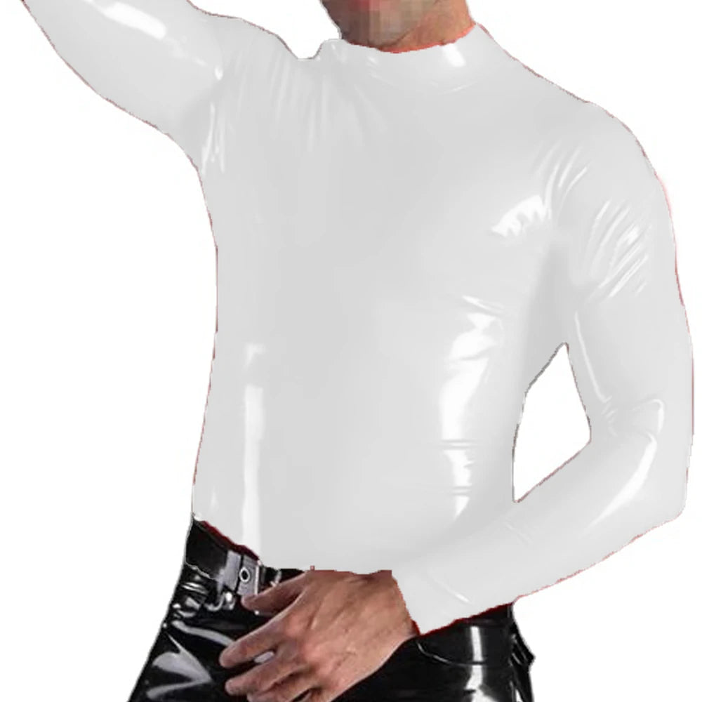 Men PVC Leather High Neck Tops Warm Pullover Long Sleeve Zipper Faux Latex T Shirt Custom Sexy Men's Wet Look T-Shirt Top