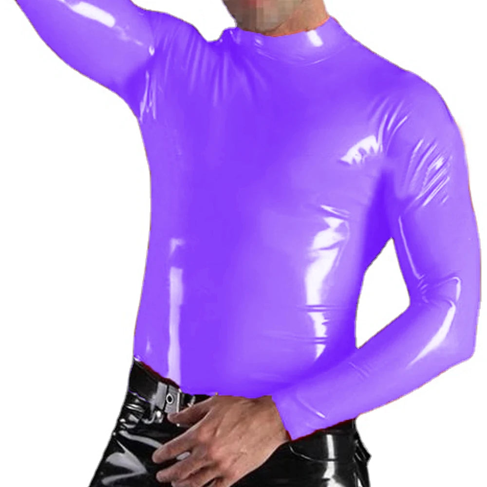 Men PVC Leather High Neck Tops Warm Pullover Long Sleeve Zipper Faux Latex T Shirt Custom Sexy Men's Wet Look T-Shirt Top