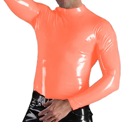 Men PVC Leather High Neck Tops Warm Pullover Long Sleeve Zipper Faux Latex T Shirt Custom Sexy Men's Wet Look T-Shirt Top