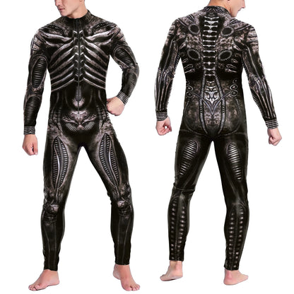 Men Women 3D Machine Skeleton Zentai Bodysuit Punk Jumpsuit Halloween Party Carnival Cosplay Costume Performance Romper