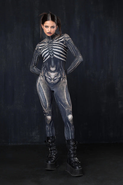 Men Women 3D Machine Skeleton Zentai Bodysuit Punk Jumpsuit Halloween Party Carnival Cosplay Costume Performance Romper