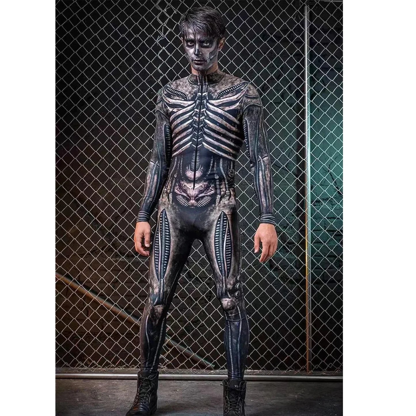 Men Women 3D Machine Skeleton Zentai Bodysuit Punk Jumpsuit Halloween Party Carnival Cosplay Costume Performance Romper